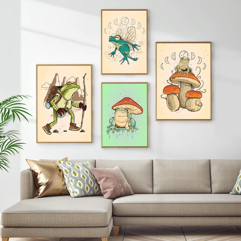 Home Decor Cottagecore Frog Mushroom Canvas Painting Pictures Wall Art Prints Fairy Frog Hiking Modular Poster For Living Room