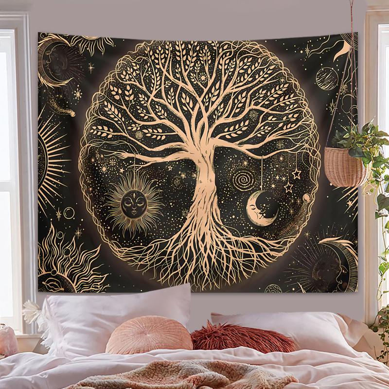 1pc Tree of Life Tapestry Wall Hanging, Aesthetic Galaxy Sun Moon Starry Sky Tapestry, Home Living Room Bedroom Decoration