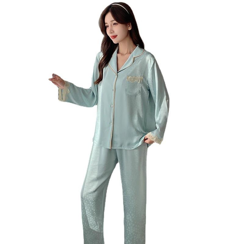 Women's Spring and Autumn Lace Loungewear Ladies 2-piece Long Sleeve Pajamas Set Summer Thin Ice Silk Homewear