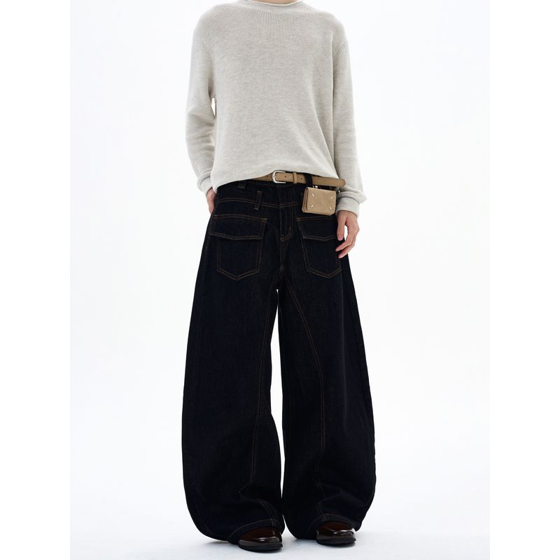 Kisko Designer-Style American Denim Black Washed Scimitar Jeans for Men and Women, Loose Straight-Leg Slimming Pants, Trendy