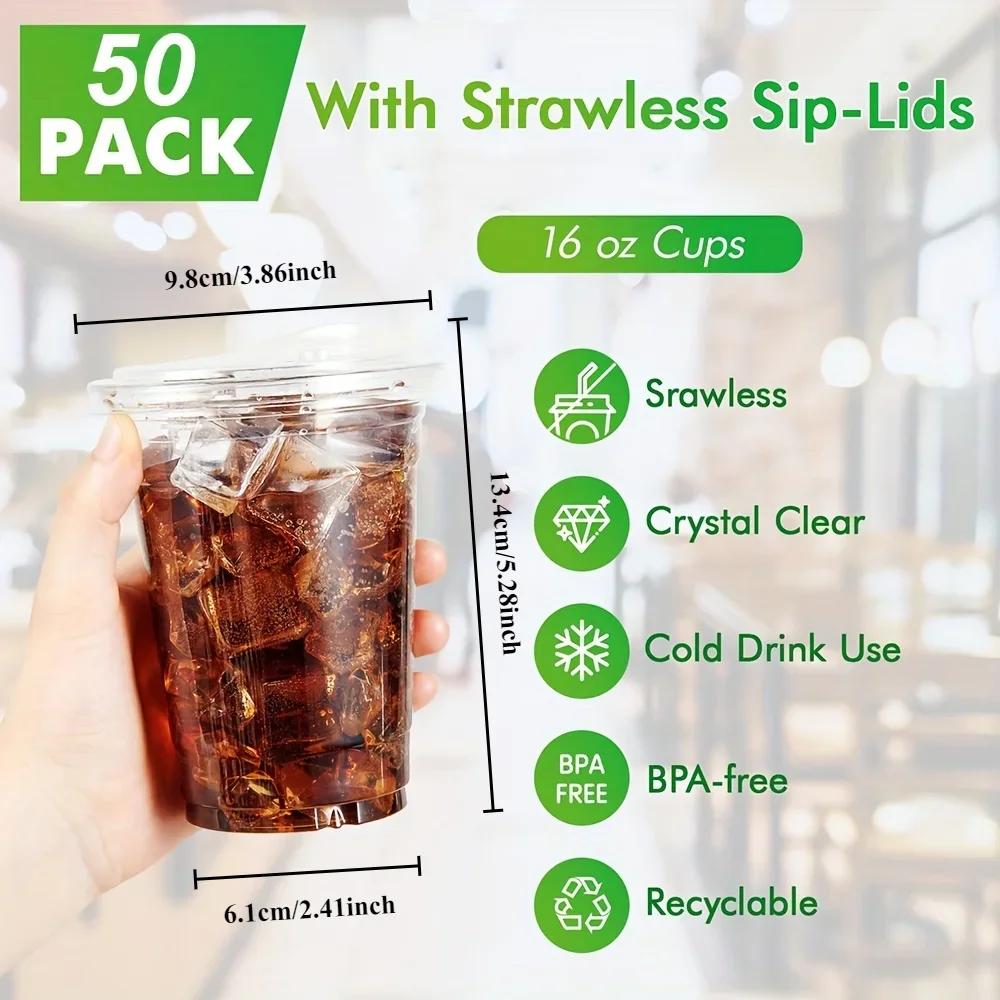 

50Set Plastic Drinking Cups with Strawless Sip Lids, Disposable Cups for Cold Drinks, BPA Free - for Christmas, Halloween, Party 50Set