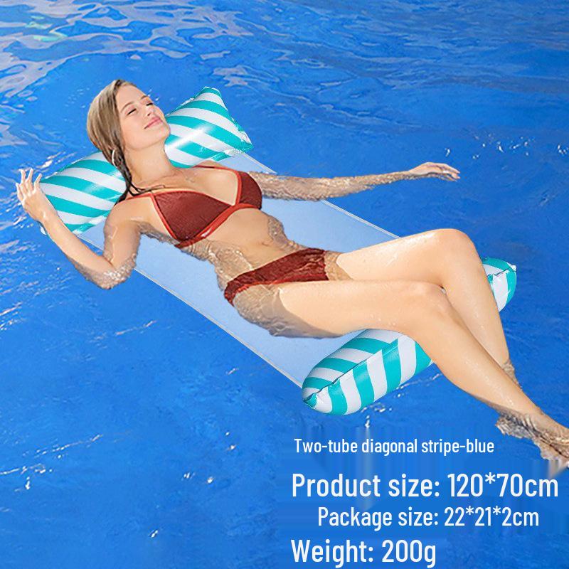 Portable Foldable PVC Striped Water Lounge Chair with Hanging Net - Single Inflatable Floating Bed