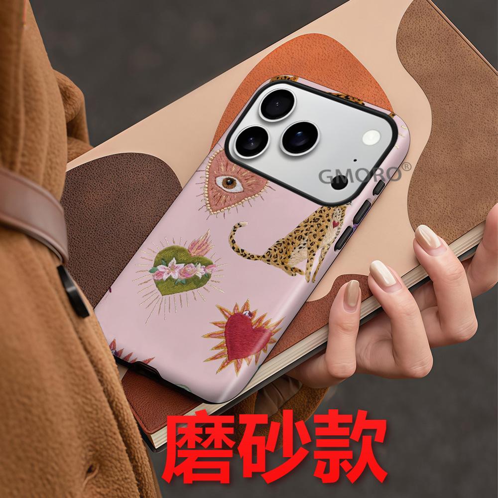 European and American Popular Embroidery Wind Leopard Love Mobile Phone Case iPhone16e Double-layer Magnetic Film Case Apple 17Pro
