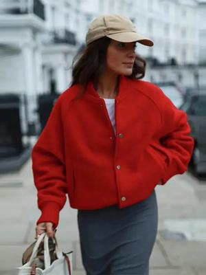 Fashion Loose O-neck Streetwear Spring Red Women Coat Casual Single Breasted Long Sleeve Outwear Plus Size