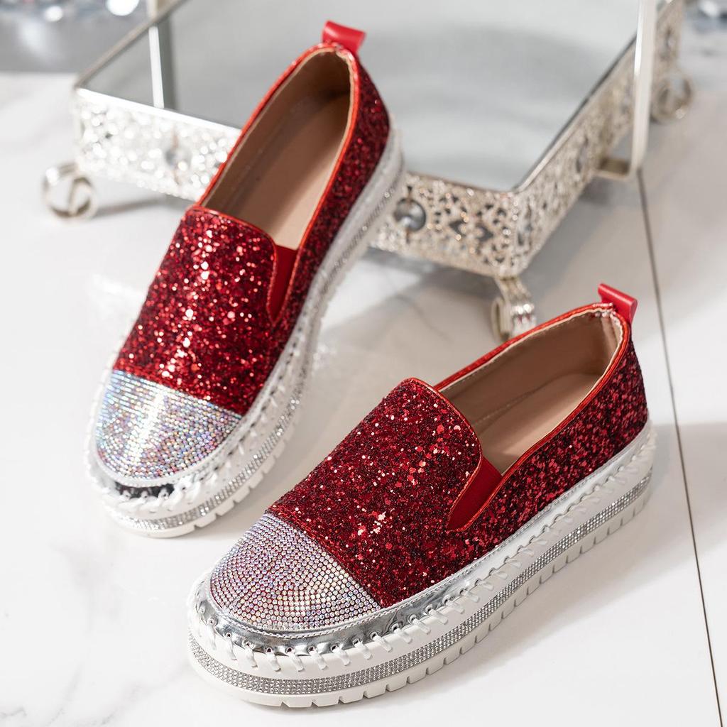 Korean Style Rhinestone Thick-Soled Casual Loafers (Plus Size) for Spring and Autumn 2025