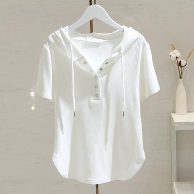 White Drawstring Hooded T-shirt for Women for Short-sleeved Summer Fashionable Loose Slim Versatile T-shirt Base Shirt