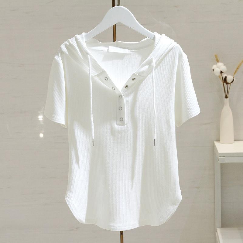 White Drawstring Hooded T-shirt for Women for Short-sleeved Summer Fashionable Loose Slim Versatile T-shirt Base Shirt