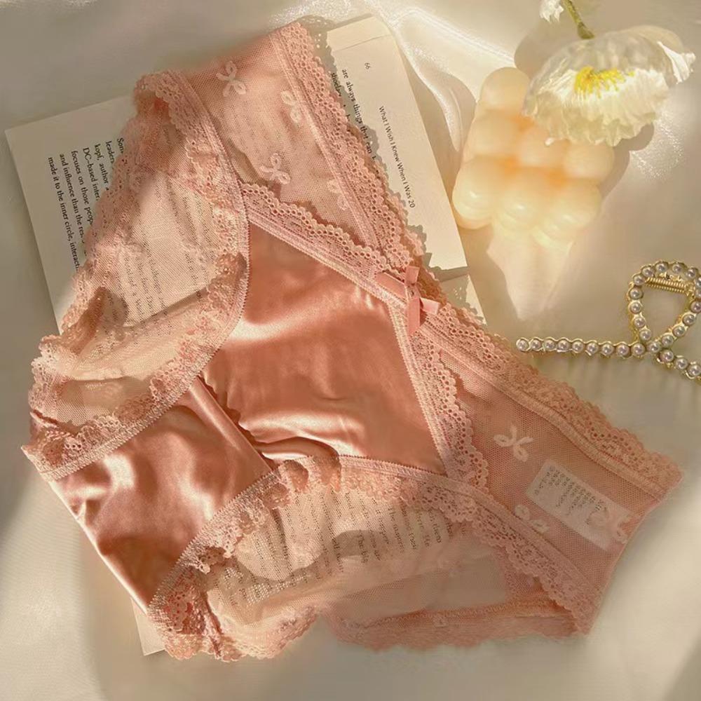Sweet Low Waist Lace Panties Mesh Lingerie Lace Bow Briefs Satin Silk Underwear for Women Girl