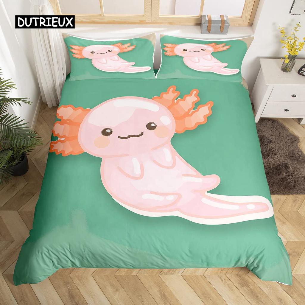 Axolotl Duvet Cover Set Pink Newt Wildlife Comforter Cover with Pillowcases Cartoon Octopus Animal Kawaii Style Twin Quilt Cover