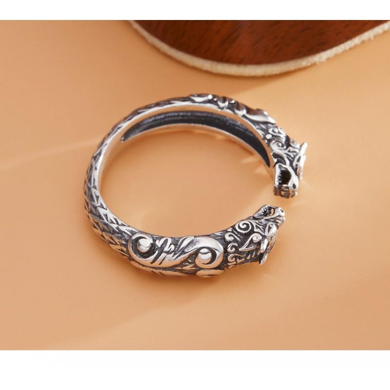 Adjustable Open Ring With Dual Dragon Motif Vintage Style Plated Men Women Fashion Jewelry Of