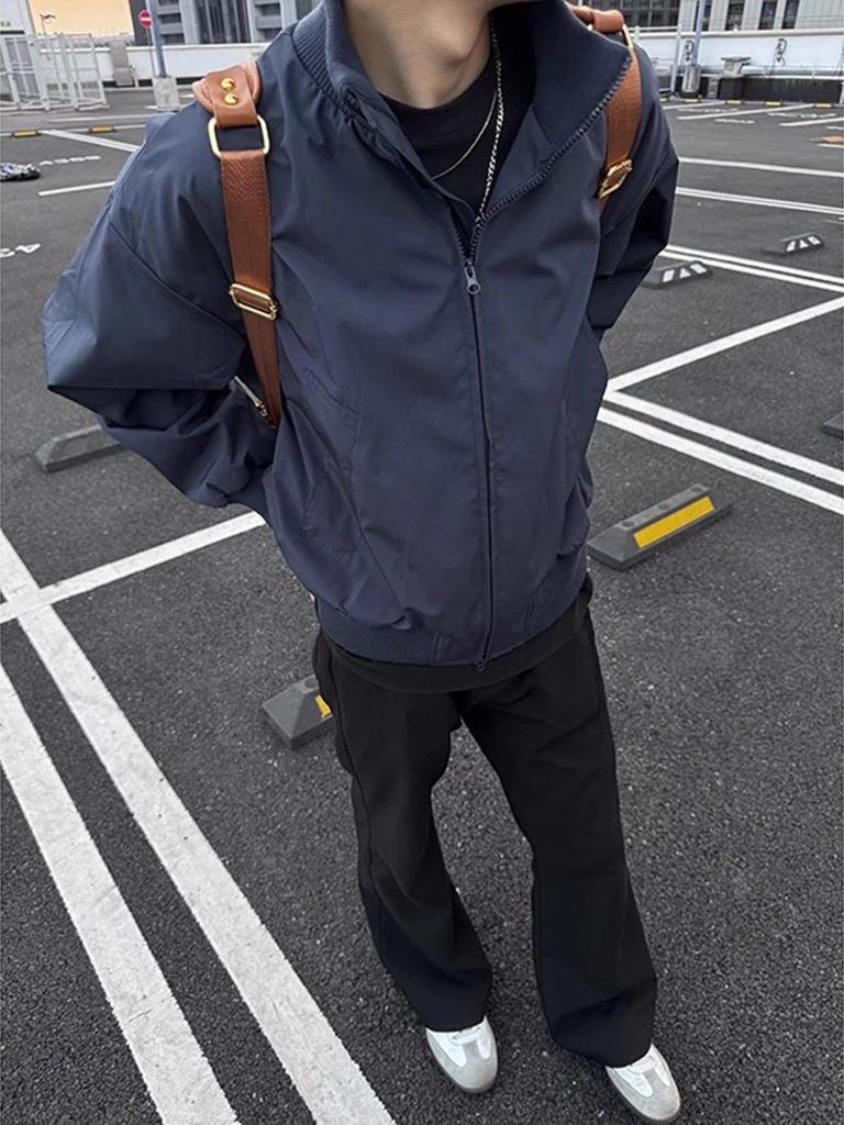 Męska Granatowa Kurtka Bomberka ze Stójką - Jesienny Styl High-Street, Unisex w Stylu Baseballowym.