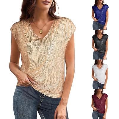 Canotta T-shirt da Donna Sexy Estiva con Scollo a V e Glitter per Feste