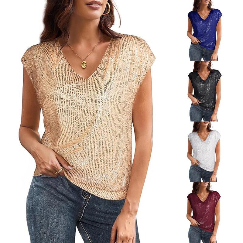 Sommer Damen Sexy V-Ausschnitt Pailletten Glanz Party Weste T-Shirt