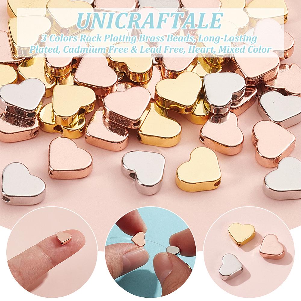 60Pcs 3 Colors Rack Plating Brass Beads, Long-Lasting Plated, Cadmium Free & Lead Free, Heart, Mixed Color, 6.5x8x2.5mm, Hole: 1mm, 20pcs/color