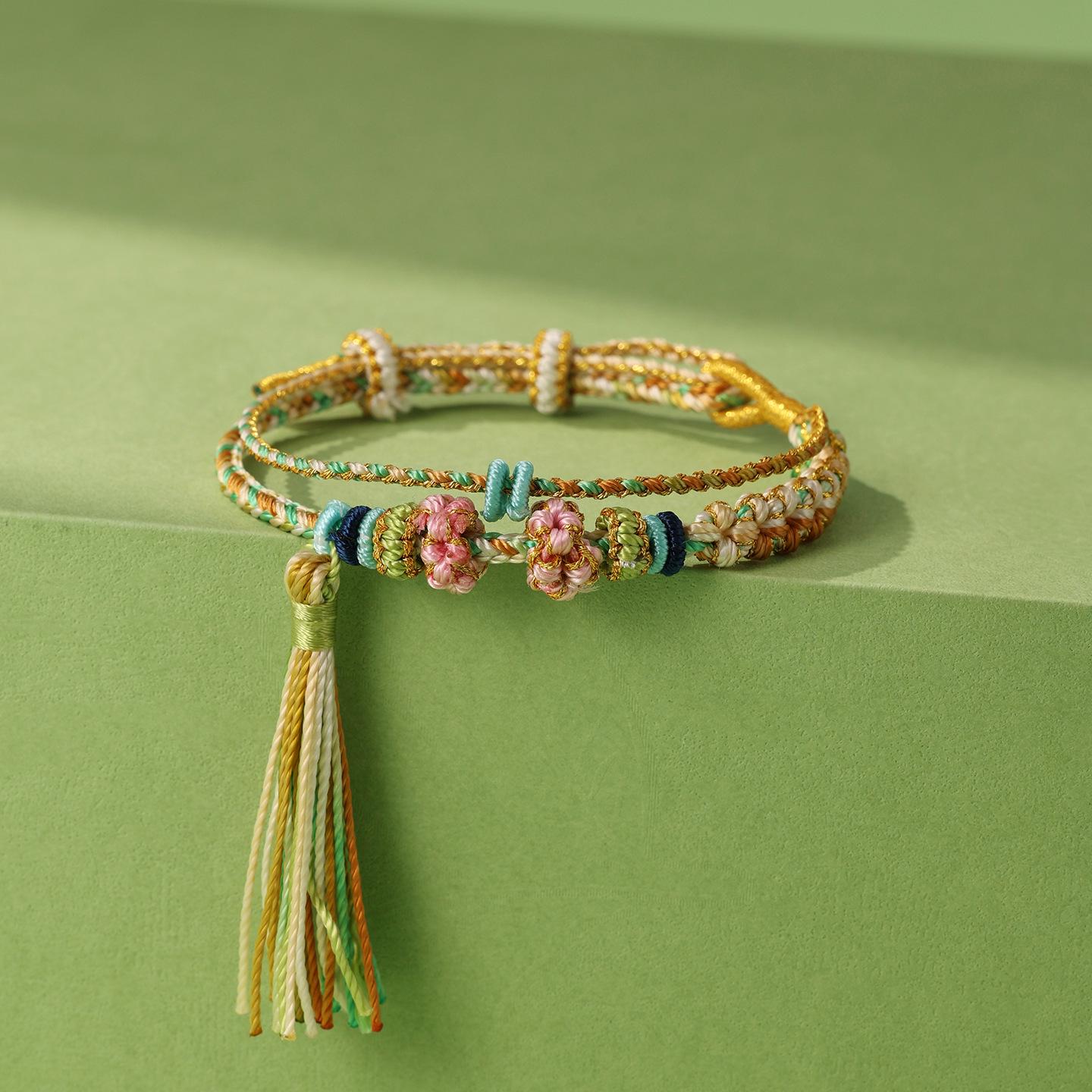 Dragon Boat Festival Five-Color Braided Double-Layer Peach Blossom Knot Bracelet, Ethnic Style Handcrafted Beaded Red Rope