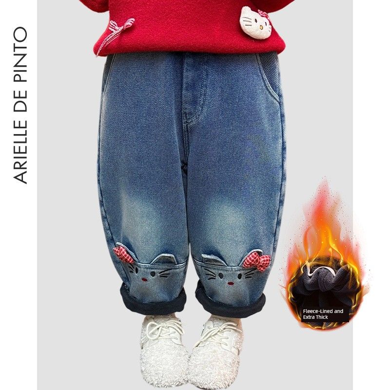 French Arielle De Pinto Girls  Winter Thickened Fleece-Lined Jeans, Loose Straight-Leg Pants with Integrated Fleece Blue (Fleece Lined) 120