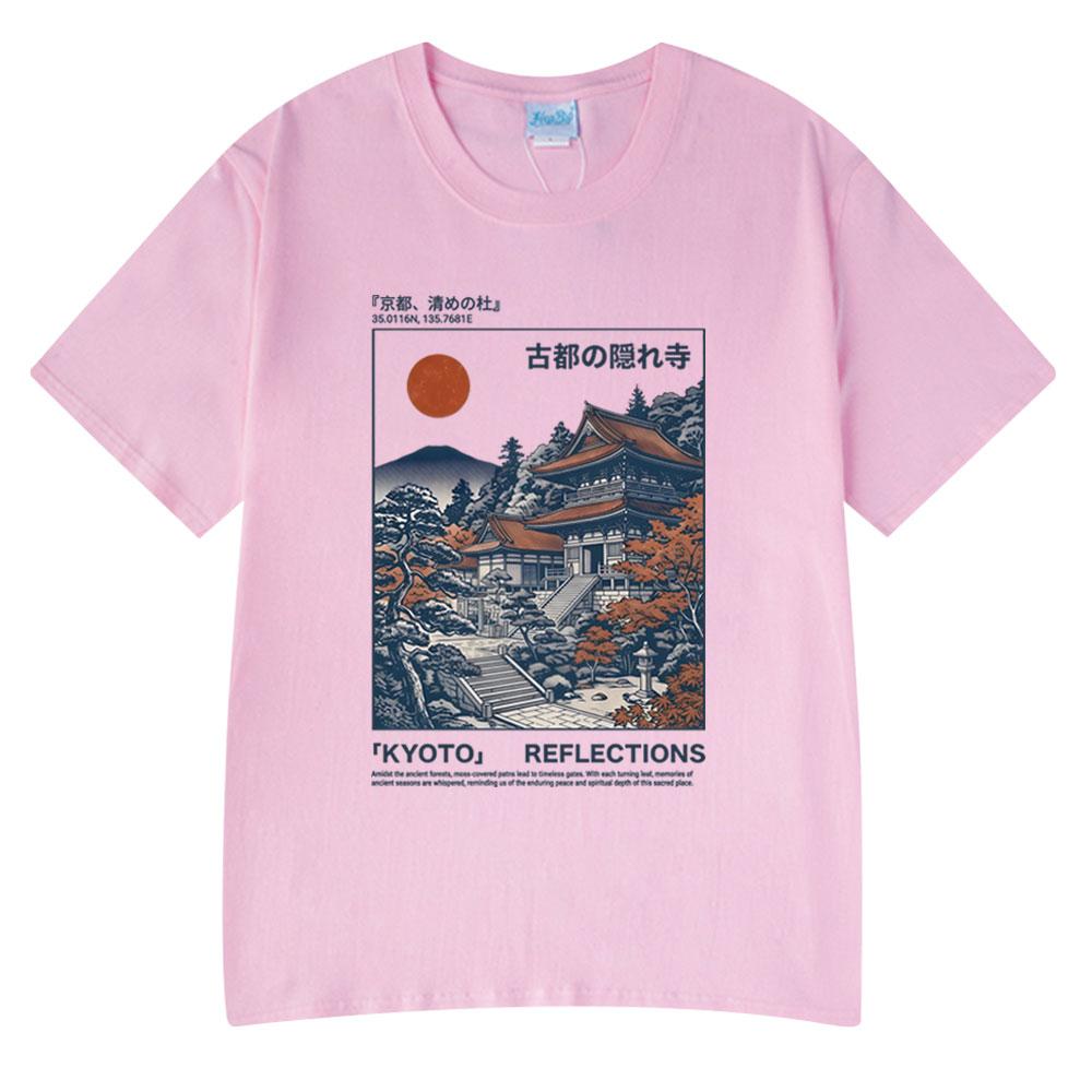 Kyoto Reflections Graphic Illustration T-shirt Retro Japanese Ukiyo-e Style Temple Tee Cotton Streetwear Casual Oversized TShirt