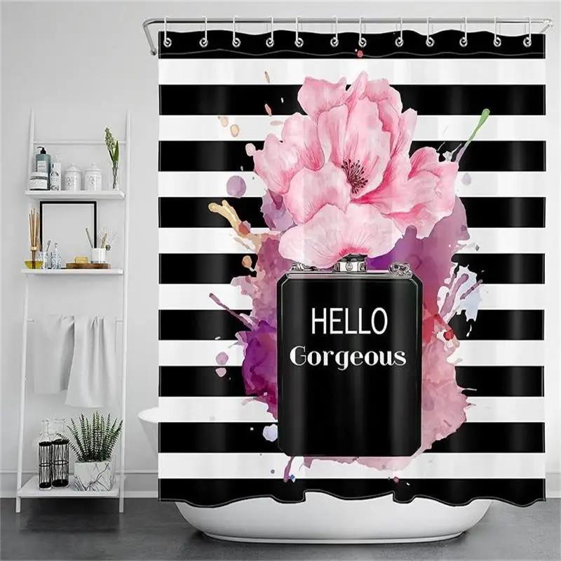 Pink Perfume High Heel Shower Curtain Set Black White Stripes Fashion Girl Woman Bathroom Decor Polyester Bathtub Curtains Hooks