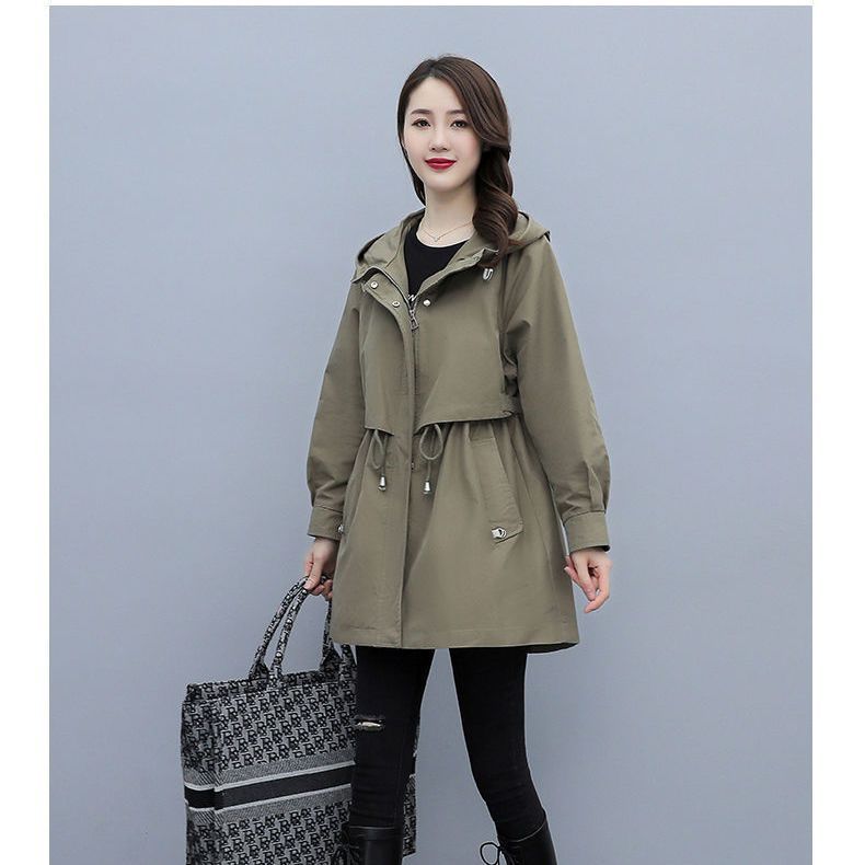 Women's Long Windbreaker Spring Autumn Loose Casual Fashion Military Coffee Color Hooded Jacket
