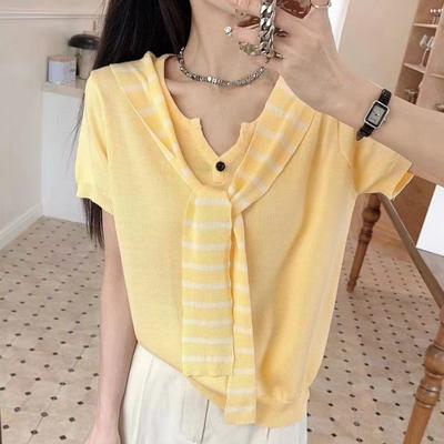 Gestreifter Schal Fake zweiteiliger Pullover Vielseitiges Kurzarm Casual Stricktop Für Frühling & Sommer Damenbekleidung gelb Tops