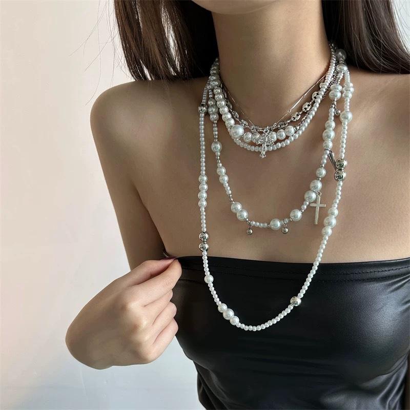 European Multi-layer Heavy Pearl Cross Pendant Necklace, Fashion Women Clavicle Choker Jewelry