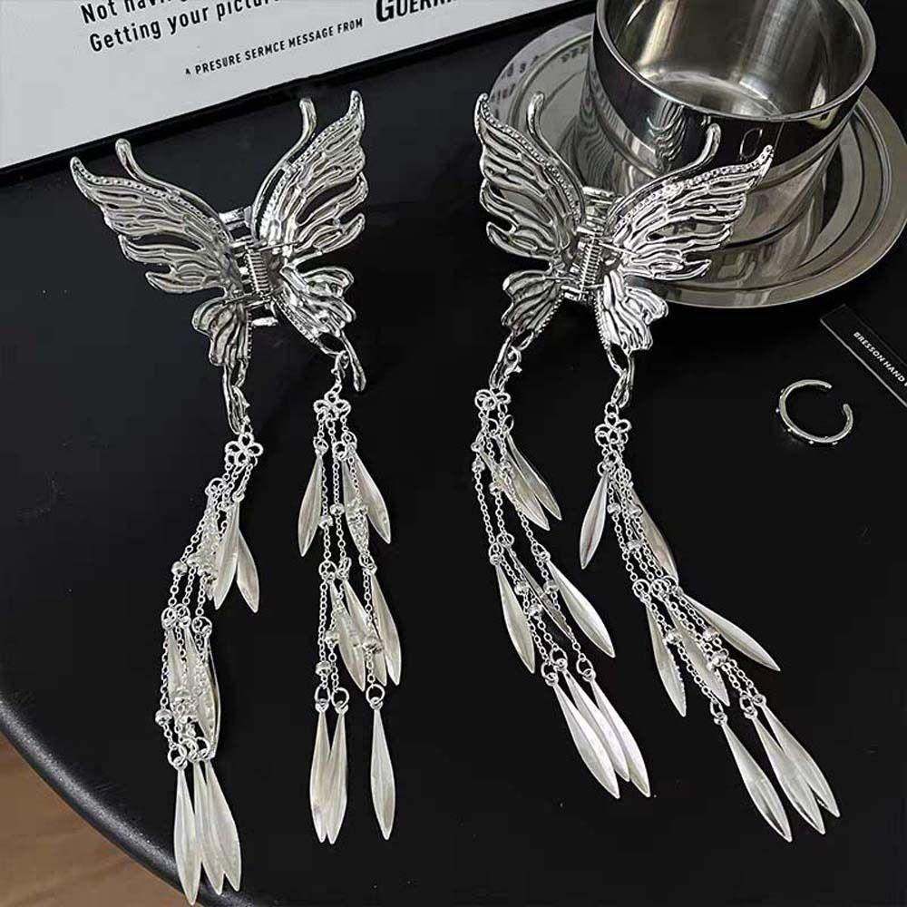Silver Color Butterfly Tassel Hair Claw Leaf Chinese Butterfly Hairpins Metal Shark Clip  Daily