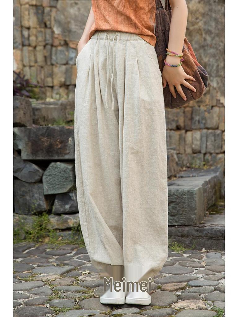 2025 Women's Summer Cotton Linen Ramie Sand-Washed Drawstring Lantern Pants - Distressed & Versatile