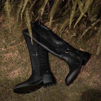 Cowhide Board~ Tall Knight Boots Metal Buckle Black But Knee Boots Skinny Retro Thick Heel Western Cowboy Boots