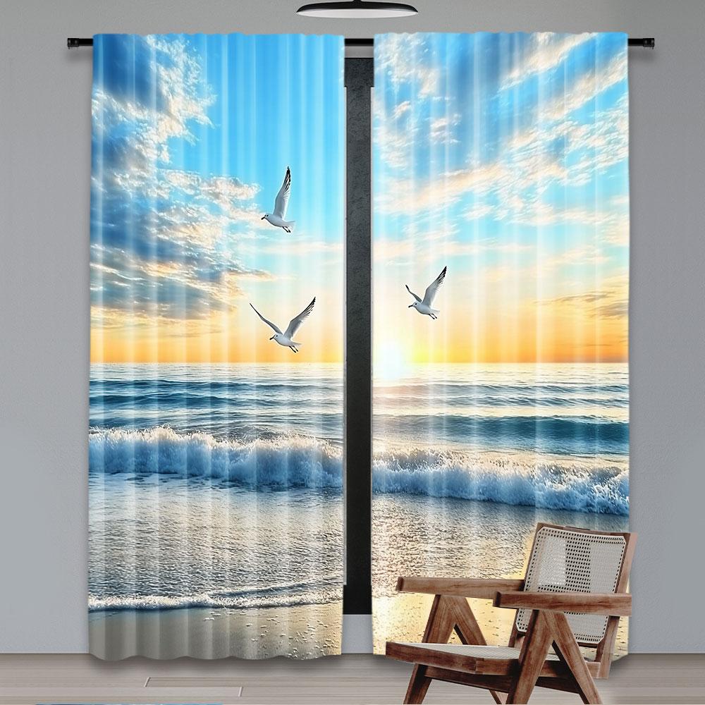 2 Τεμάχια Κουρτίνες με Σχέδιο Πουλιά να Πετούν Δίπλα στη Θάλασσα Κατάλληλες για Υπνοδωμάτιο Κουζίνα Τραπεζαρία Σαλόνι Γραφείο Μπάνιο