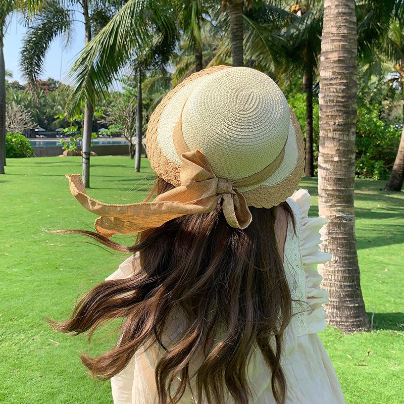 Panama Sunscreen Foldable Woven Grass Women Hat Straw Bowknot Brim Wide Summer Caps Female Outdoor Beach Travel Fishermen Hat Trendy Fashionable