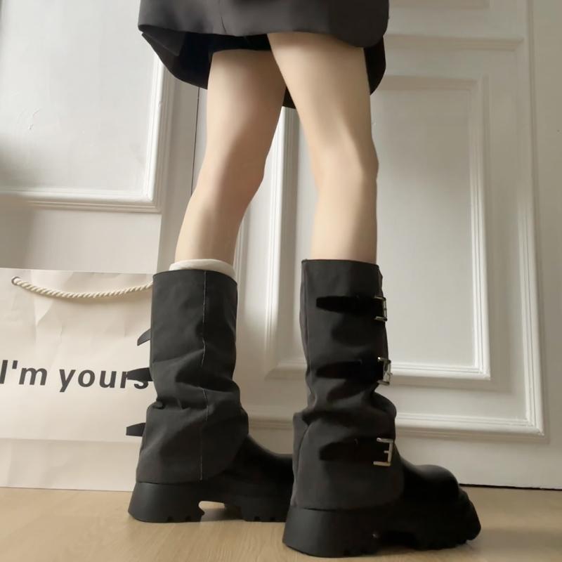 Fashion Winter Fashion Platform Heels Women Knight Boots Fashion Belt Buckle Slip On Shoes Ladies Elegant Mid Calf Booties