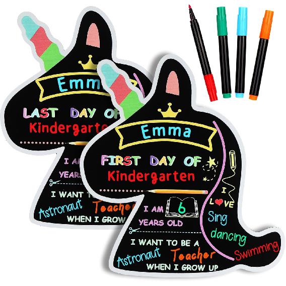 First and Last Day of School Chalkboard Sign with 4 Chalk Markers -12''×11'' Double Sided Back To School Sign Photo Prop for Preschool Kindergarten