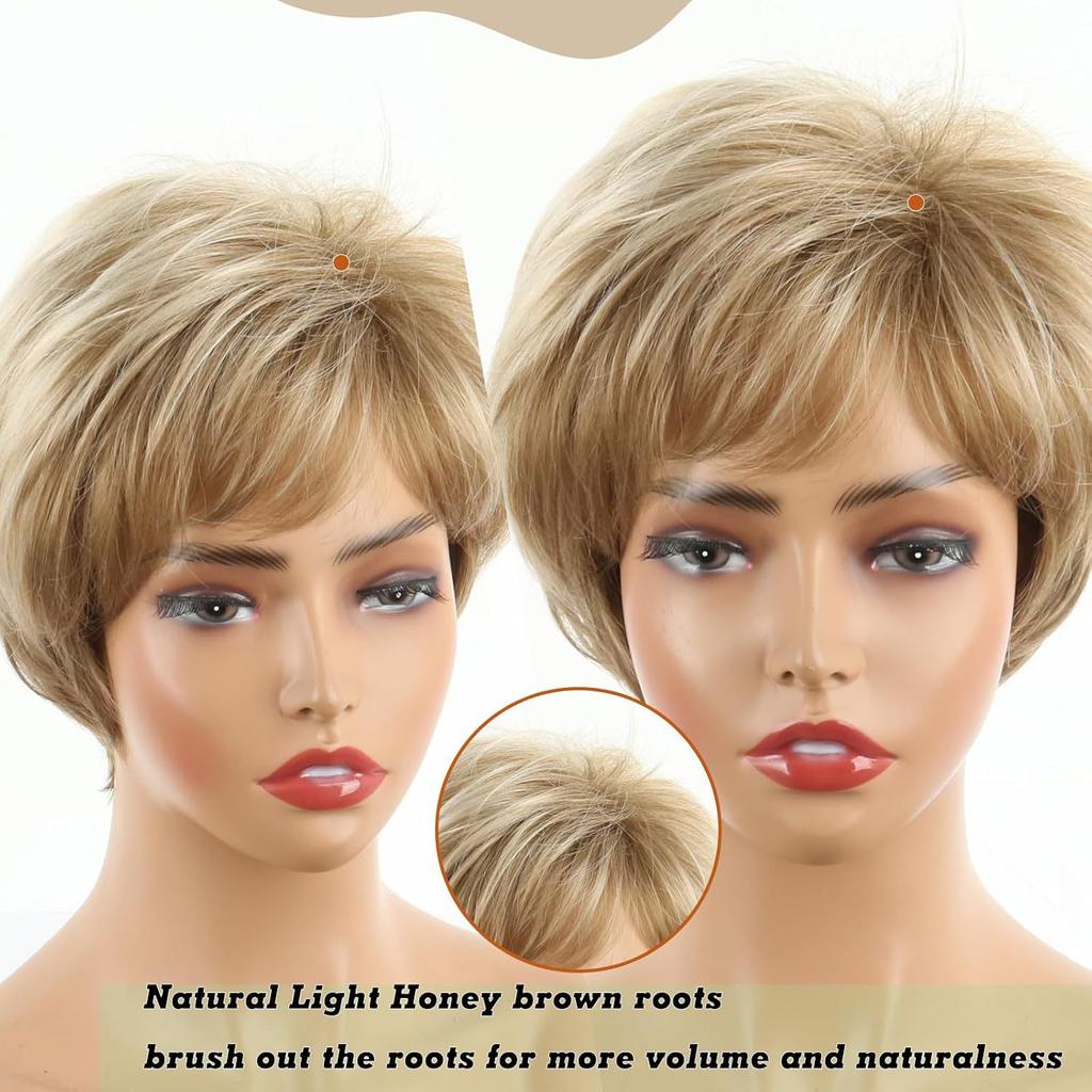 Short Mixed Golden Brown Blonde Wig with Bangs for Women Fluffy Layered Synthetic Hair Daily Party Cosplay Use Heat Resistant Fiber