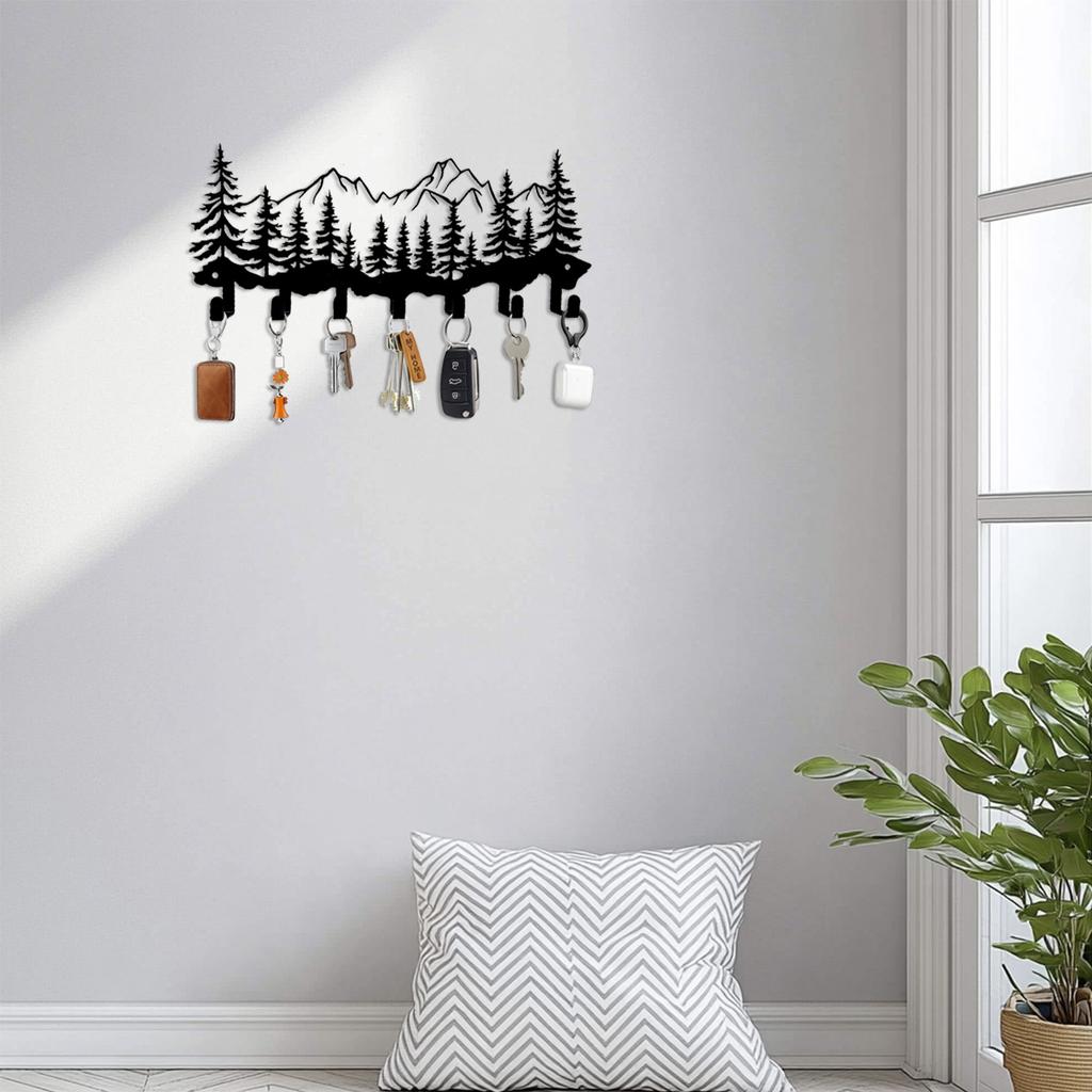 Metal Wall Mount Key Holder Rack with Mountain and Tree Design Multiple Hooks for Entryway Organization and Home Storage