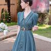 Retro French Puff Sleeve Denim Dress - Petite Summer Slimming Waist, Elegant Pleated One-Piece for Women