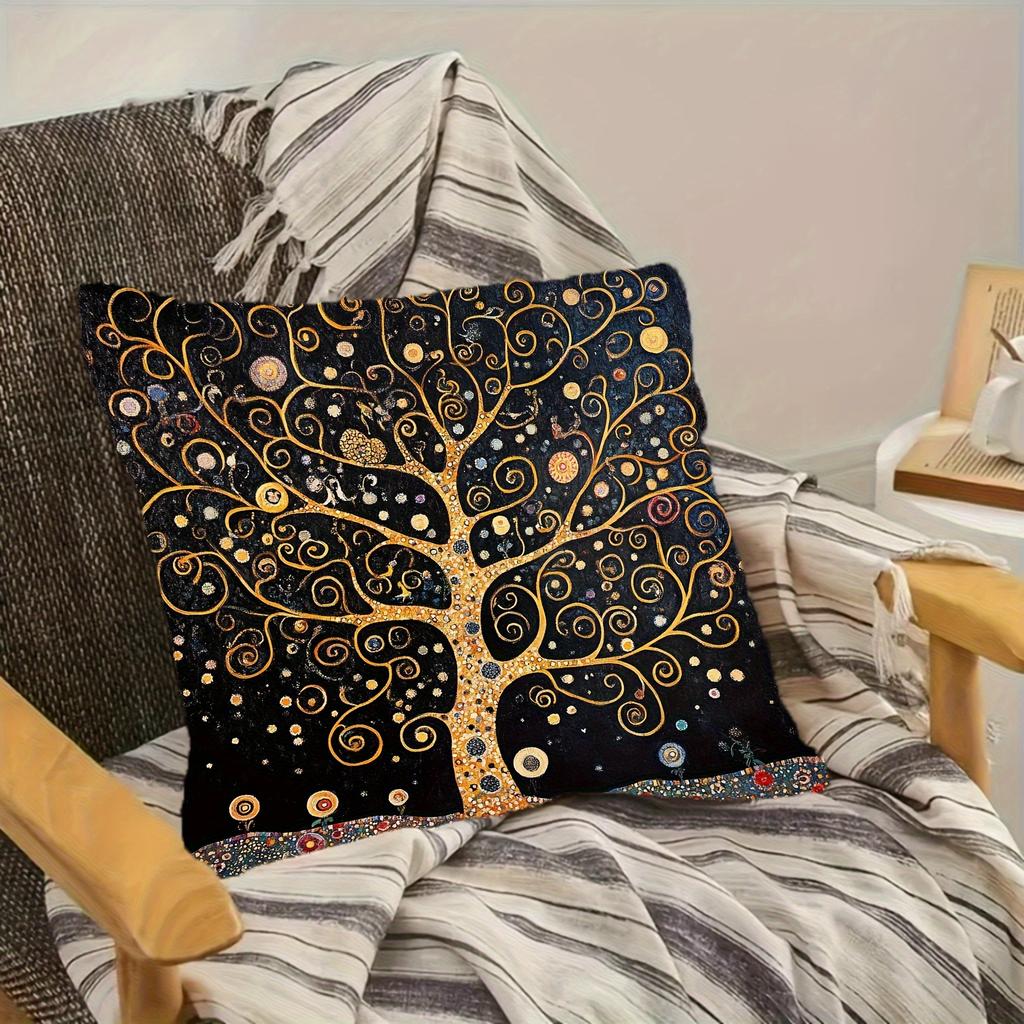 Retro Klimt Inspired Tree Of Life Pillowcase Geometric Pattern Polyester Fabric Decorative Cushion Cover For All Room Types Home
