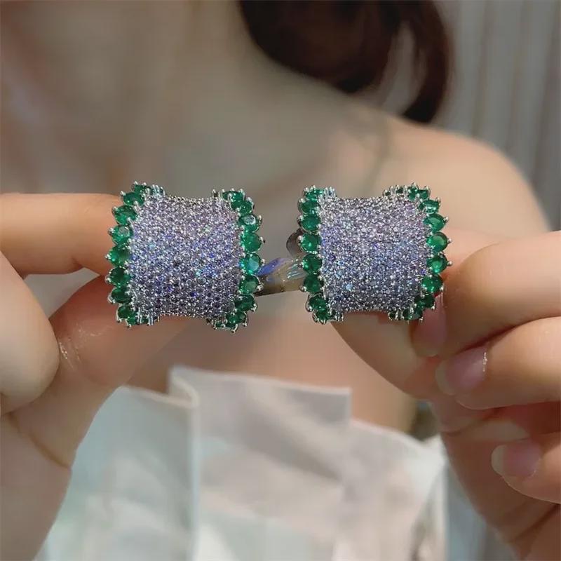 Elegant Heavy-Duty Colored Gemstone Earrings with 925 Silver Needle - Purple and Green Arched Design