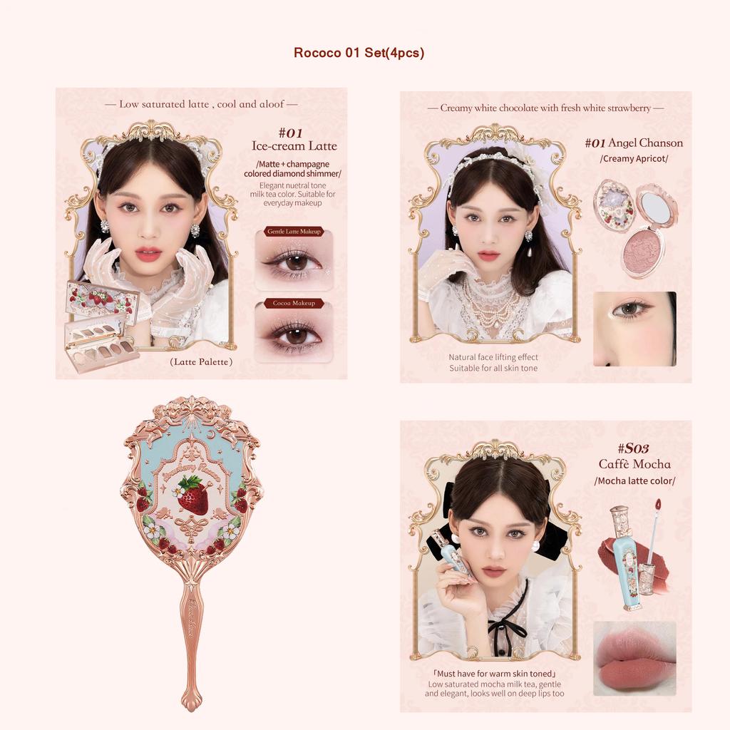 Flower Knows Erdbeer Rococo Serie Make-up Set Glitzer Matt Lidschattenpalette Rouge Puder Samt Lippenstift Set Parfüm Set
