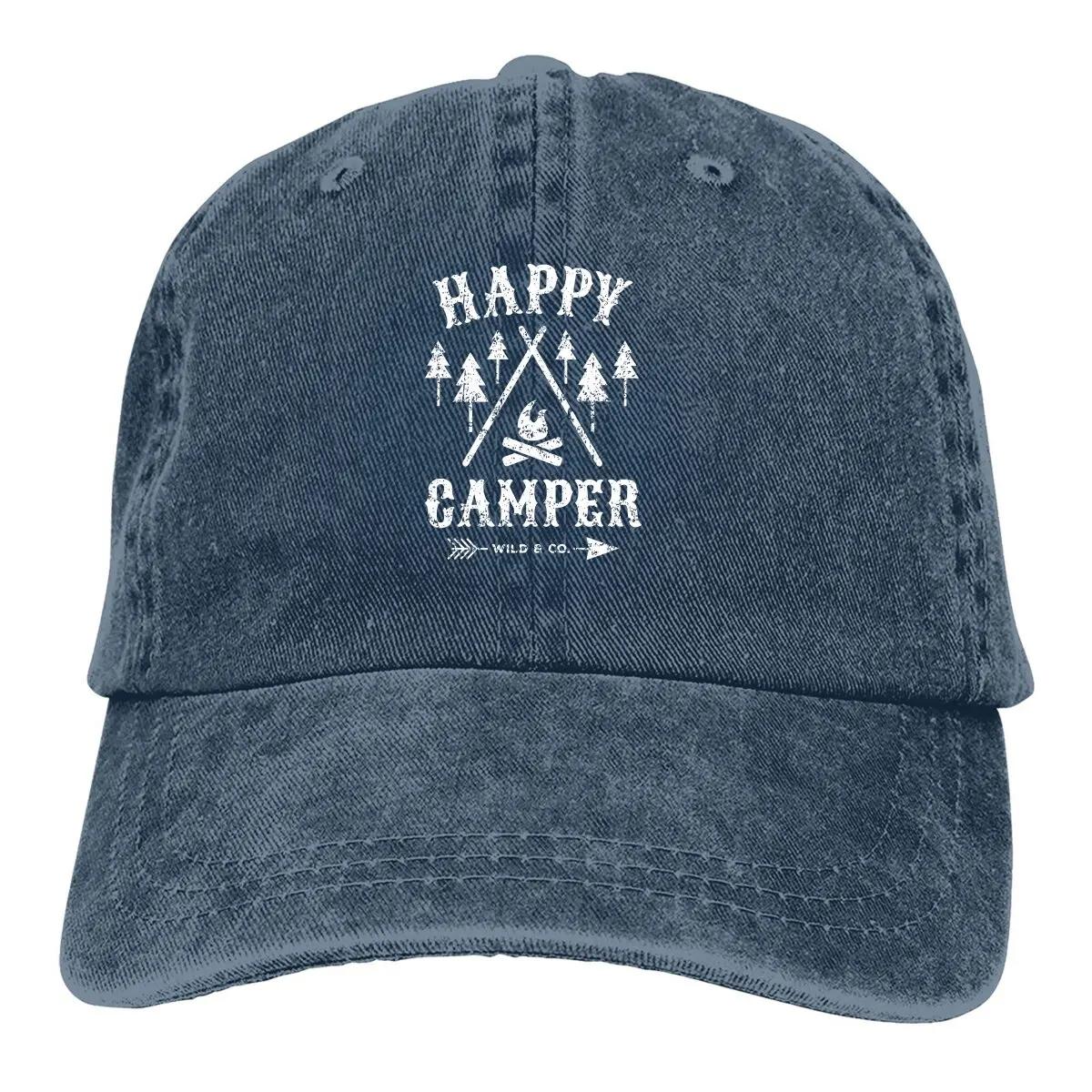 

Happy Camper Distressed White Baseball Caps Peaked Cap Camper Camping Sun Shade Hats for Men Adjustable темно-синий
