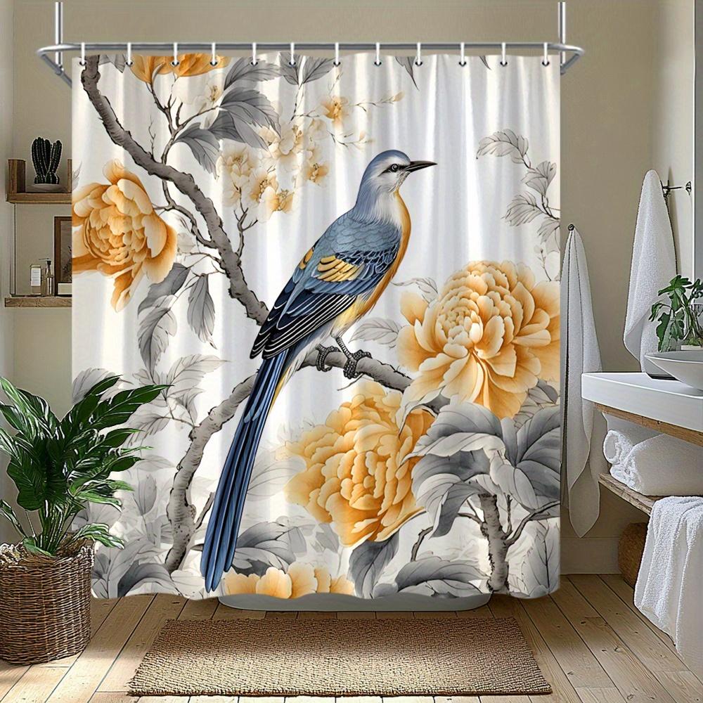 1Pc Shower Curtain With Bird And Peony Pattern, Made Of Polyester, Machine Washable, Suitable For Bathroom Decoration.