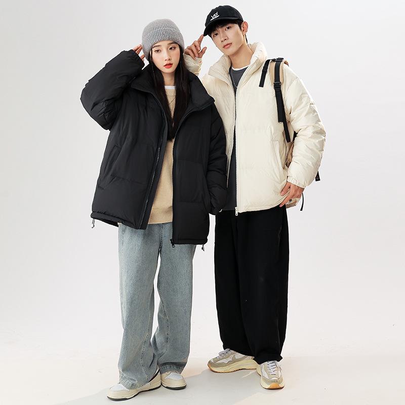 Men's winter solid color fashion couple down jacket stand-up collar thickened warm casual trend bread jacket winter wear