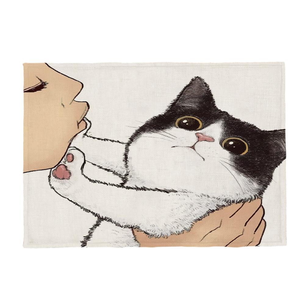 Kočičí lněná podložka na stůl Roztomilý odmítá políbit Prostírání s kresleným vzorem Dekorace na kuchyňský stůl Mat