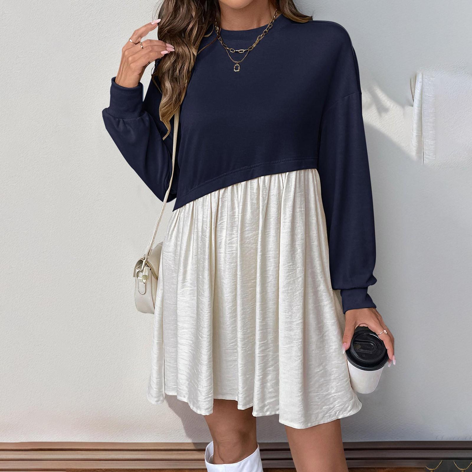 

Женское модное повседневное платье с круглым вырезом и длинным рукавом в цветочном стиле L темно-синий