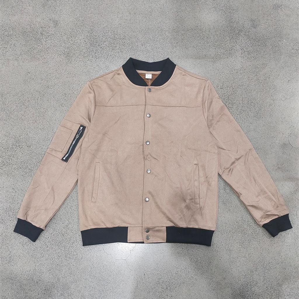 Men Faux‑Suede Bomber Jacket, Snap‑Button Front Contrast Ribbed Collar Cuffs Hem Zippered Sleeve Pocket Side Hand Pockets Casual Streetwear Outerwear