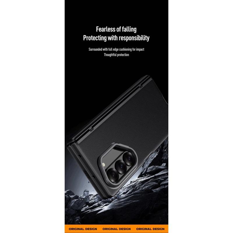 For Samsung Galaxy Z Fold 6 Case Shockproof Skin Feel PU Leather Hinge Folding Metal Lens Stand Cover with HD Tempered Glass