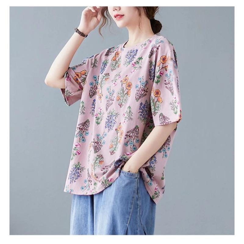 Damen Sommer Rundhals Kurzarm Blumenprint Lässig Locker Sitzendes T-Shirt Mehrfarbig