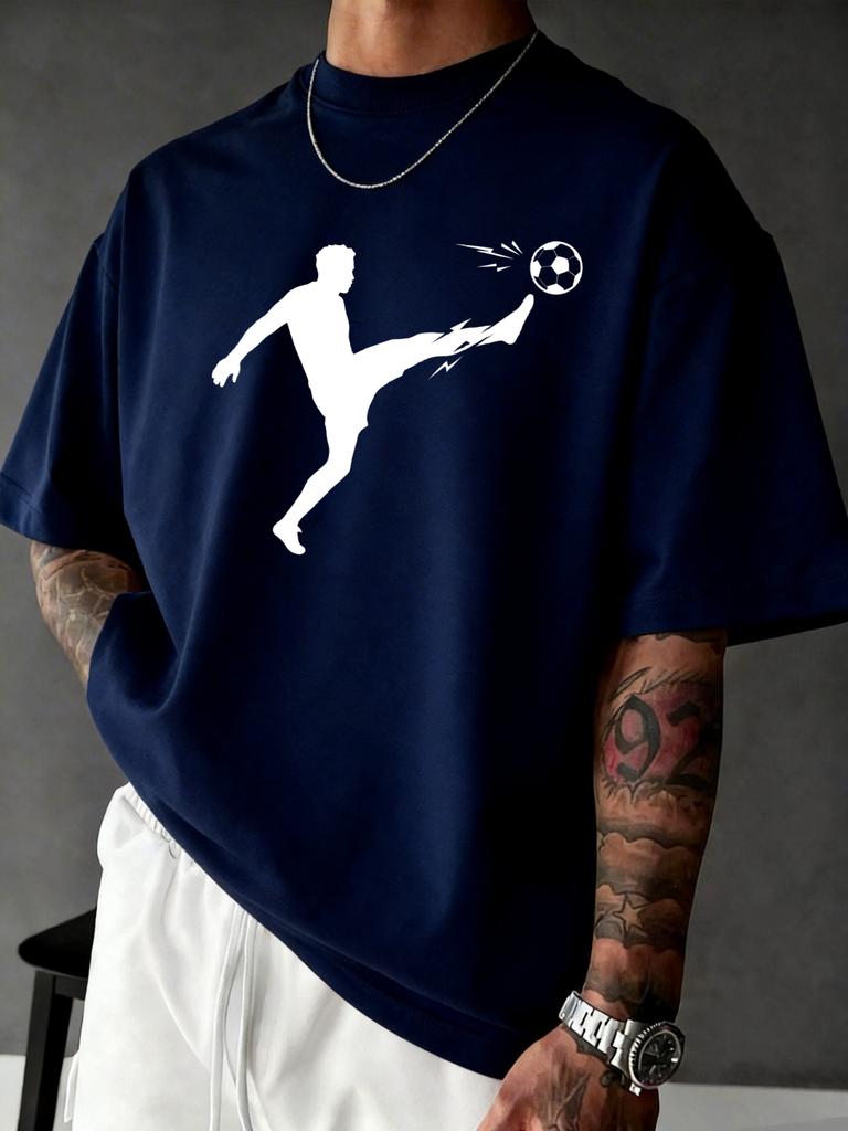 Unisex 100 Cotton Solid Color Tshirt Oversize Casual Streetwear Short Sleeve Tops With Football Player Kick Silhouette Print