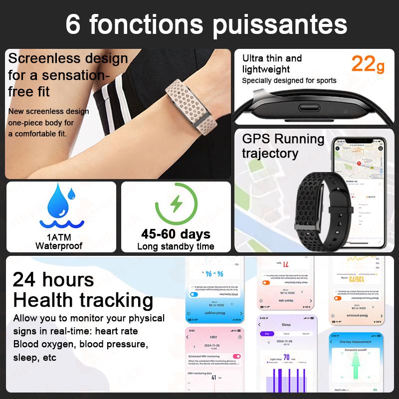 New Health Monitoring Bracelet Screenless Watch 120+ Sports Mode Heart Rate Blood Pressure IP68 Waterproof Smartwatch Men