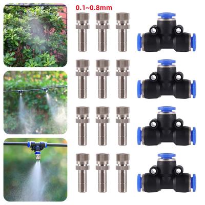 0.1~0.8mm 2-Stage Low Pressure Quick Insertion Fine Mist Nozzle 6mm Interface Copper Nickel-Plated Spray Misting Nozzle&Tee 1Pc