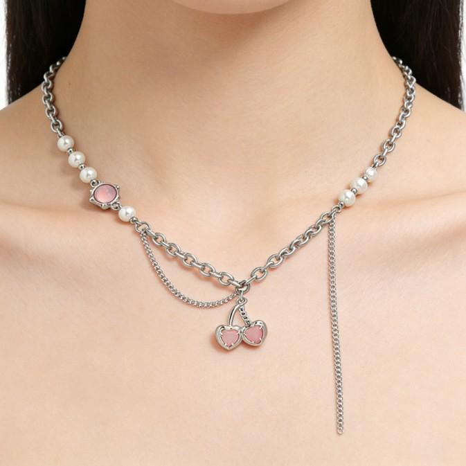 Pink Cherry Spice Sweet Cool Wind Metal Splicing Neck Chain Collarbone Chain